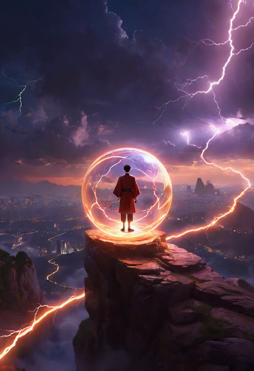 (8k unit wallpaper CG Extremely detailed, masterpiece, best quality, Extremely detailed), (Solitary), ((Wide-angle lens:1.5)),A man, Shiny glasses, Brightly colored clothes, Two glowing spheres are spinning around me., lightning, Japanese cartoons, illustration, Fantasy art style, author Antonio J. Manzanedo, author:Jeremy Lipking, In a surreal landscape, Clear focus,(masterpiece), best quality, Xianxia