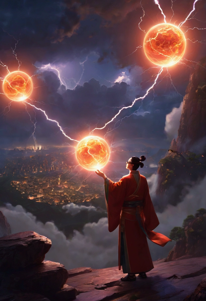 (8k unit wallpaper CG Extremely detailed, masterpiece, best quality, Extremely detailed), (Solitary), ((Wide-angle lens:1.5)),A man, Shiny glasses, Brightly colored clothes, Two glowing spheres are spinning around me., lightning, Japanese cartoons, illustration, Fantasy art style, author Antonio J. Manzanedo, author:Jeremy Lipking, In a surreal landscape, Clear focus,(masterpiece), best quality, Xianxia