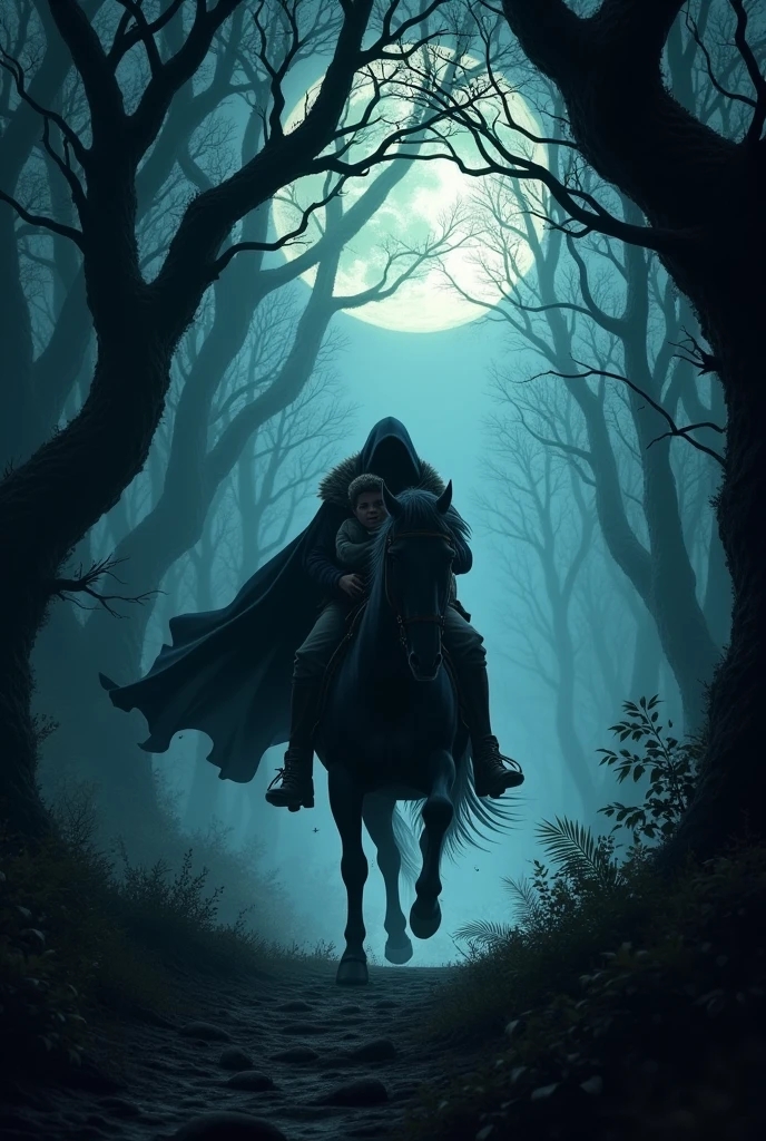 The escape through the forest
- scene: Darker, dense forest at night, Father rides fast, Child firmly in arms - elements: Pale moonlight, flowing cloak, swirling leaves, Movement of the horse - Mood: threatening, eerie, Tension - text: “Who rides so late through night and wind? It is the father with his .“