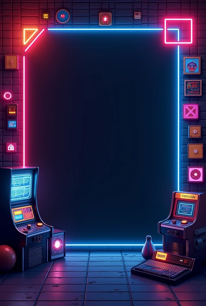 Create a retro-themed poster background with a dark color. Add neon elements like glowing geometric shapes, grid patterns, and retro items like cassette tapes, vinyl records, and arcade machines. Use bright neon colors like pink, electric blue, and neon yellow. These elements should be scattered around the edges, leaving a large empty space in the center for text. The overall vibe should be reminiscent of the 80s, with a fun, energetic feel that captures the essence of a retro party.