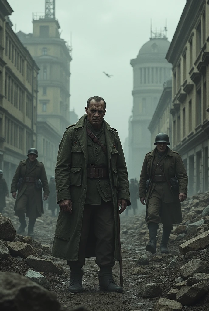A war-torn setting during World War II, capturing a dramatic and somber atmosphere.