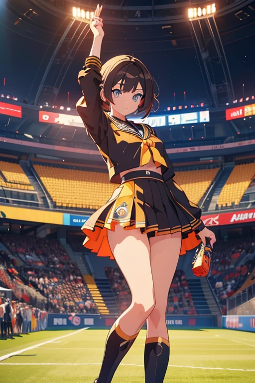 Anime girl in black and gold soccer uniform posing in stadium with spectators, Enchanting anime girl, detailed Digital anime art, Best anime 4k konachan wallpaper, Smooth anime CG art, [ 4k yen digital art ]!!, I also make fan art, Digital anime art, Strongest Pose, Digital anime illustration, 4k anime wallpaper, Ilya Kuvshinov. 4k yen