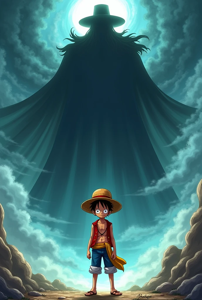 From one piece anime luffy and a big shadow of joyboy sitting behind him with a strawhat