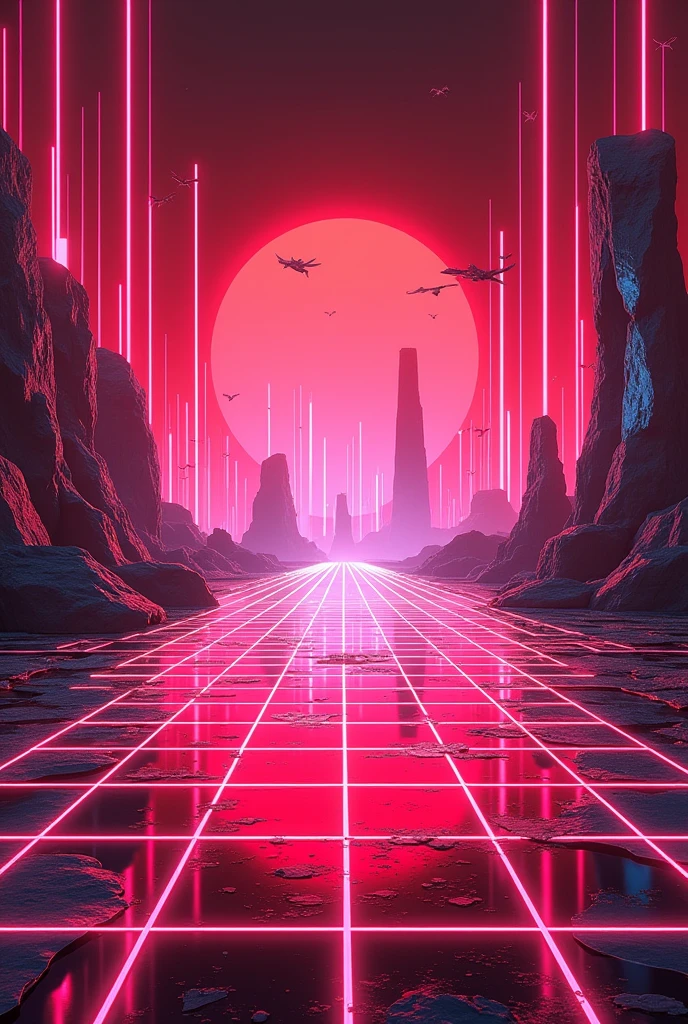  Create a 2x4 portrait-style background with a retro synthwave theme. The design should feature a dominant color scheme of red and white, with vibrant RGB accents to enhance the retro aesthetic. Incorporate elements typical of synthwave such as grid patterns, neon lights, and geometric shapes. The overall look should evoke a nostalgic, futuristic feel, blending bold colors and dynamic patterns to create a striking and immersive background