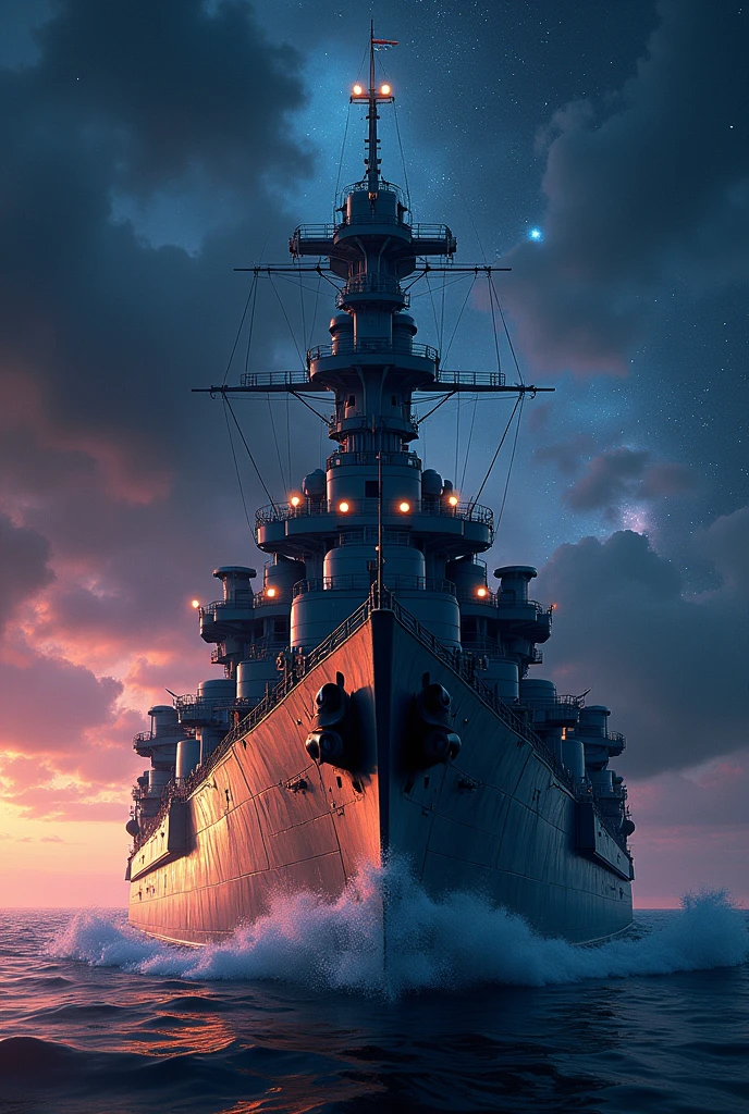 A realistic photo of the battleship Mikasa during the Russo-Japanese War, Celestial, Cinema Lighting, Vivid lighting、From the top right