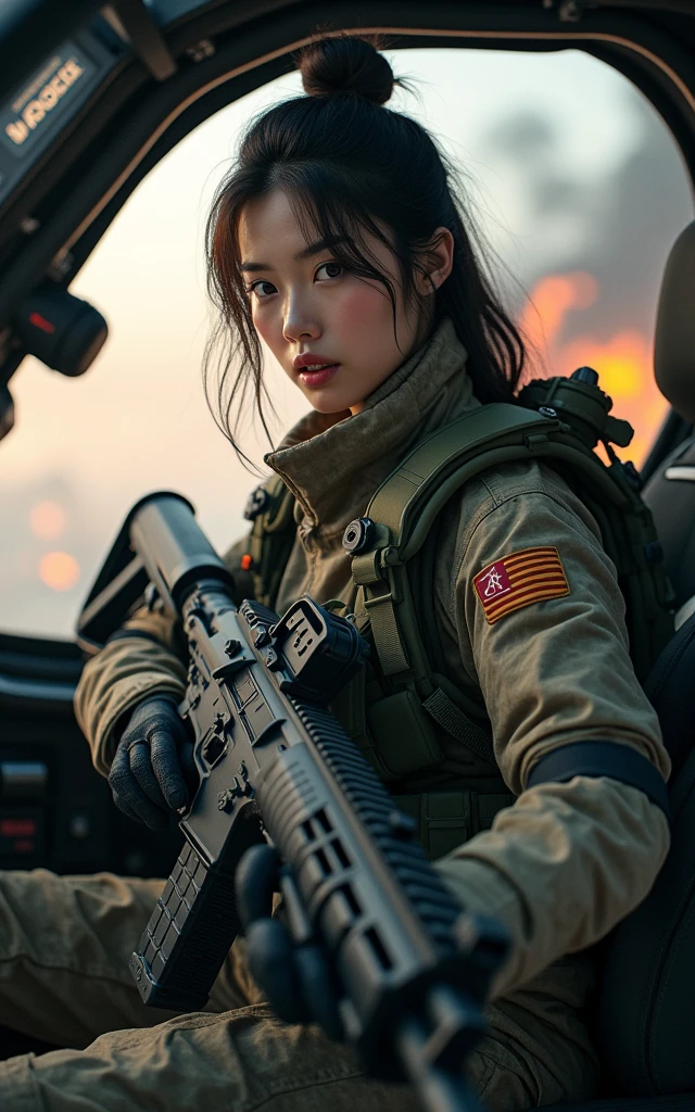 Photo-real, Ultra-realistic, (1 Korean female soldier,Super beautiful face, Super white face), (fully armed,Ready to fight:1.5), The large assault rifle on her back, (Wearing Army paratrooper camouflage uniform,Wearing a military helmet:1.5), Large breasts, (Tactical Vest, Military wiring harness:1.3), (Military boots:1), (In a complex aircraft cockpit,Prepare to fly the plane for takeoff,Rush out of the fire), Special Forces,Spectacular, Helicopter Fighter