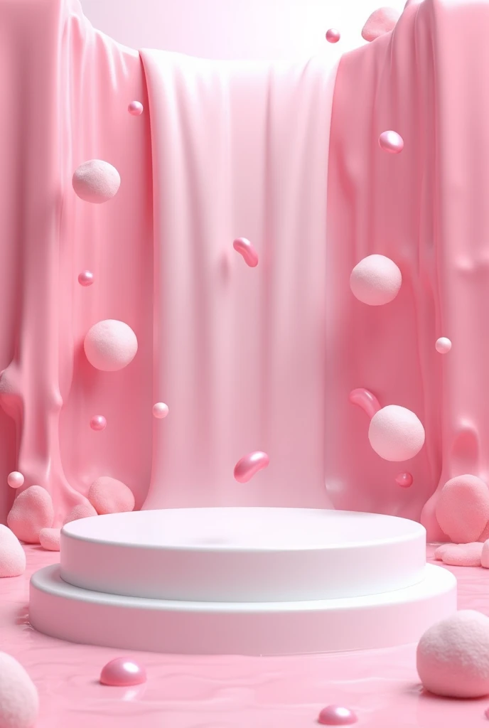 white podium in front of a waterfall of pink strawberry milk. Image should be 3d with candy round pink marshmallows flying in the background and falling into the waterfall making a splash