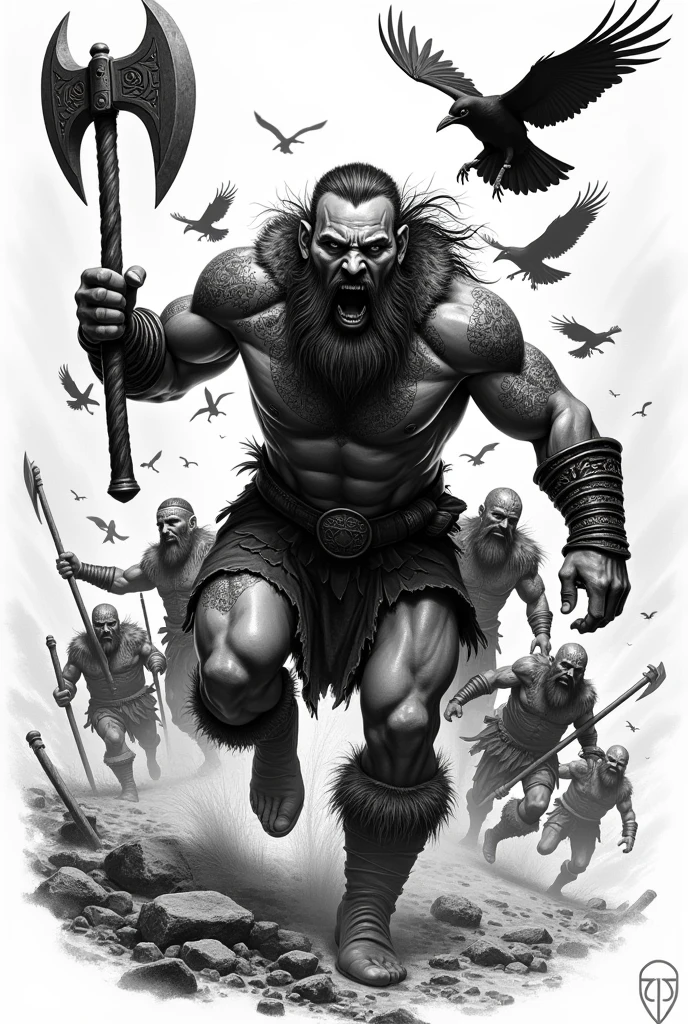 Tattoo sleve Viking with axe screaming and coming towards you up to the hip. Many Viking characters in the background black and white. Black ravens in the background everything should look as if it was drawn