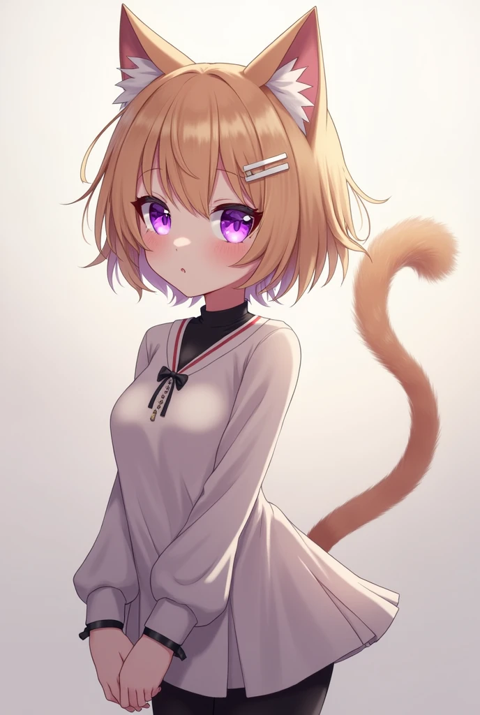 pale skin, no breasts, golden brown short hair, cat ears to match hair color, long fluffy cat tail to match hair color, Long white t-shirt, purple eyes, pupils sparkle, black collar, black stockings, White Hair Clip