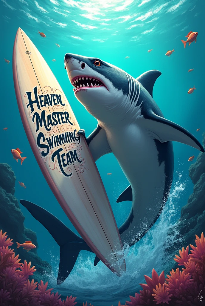 a shark holding a board with text Heaven Master swimming team