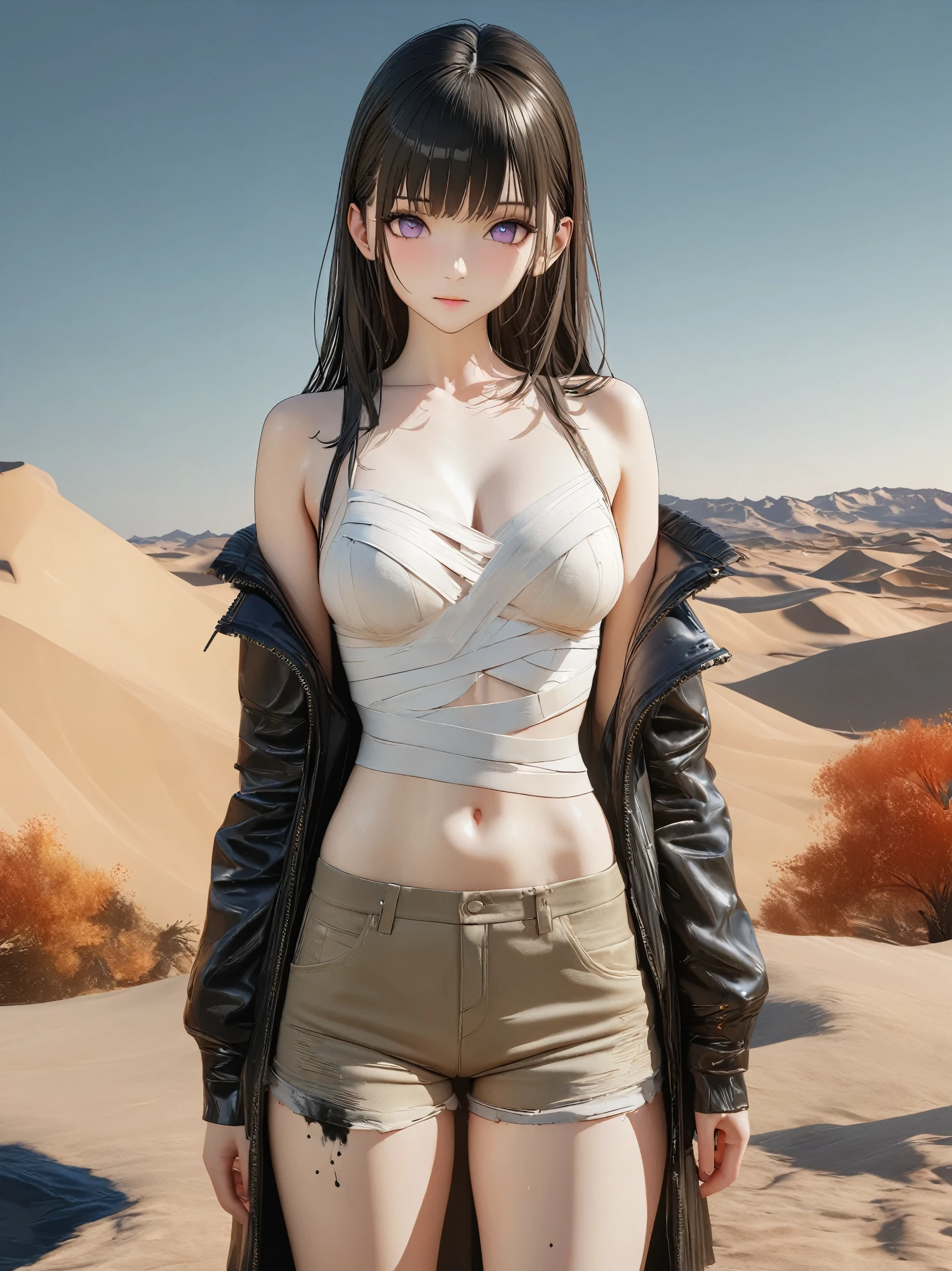 DIY16，best quality, 超HD, masterpieces, 8K, Practical, Anime style, 3D Rendering，masterpiece,need,lifelike，Bare lower abdomen，Sexy，bandage，Layering，Hollow，Full body image，Feral，Khaki washed distressed shorts，Black hair，Open shoulders，Layering，Long legs，，Wasteland Punk Style，desert，The details of wind and dust are complex，，HD，Photography Lighting，16K(Pond in the evening:1.2), (8K, best quality, masterpiece:1.2), (Ultra-high resolution:1.0), Extremely bright design, Soft colors, (ink:1.3), Autumn Lights, High Detail, dramatic, photoPractical painting art
