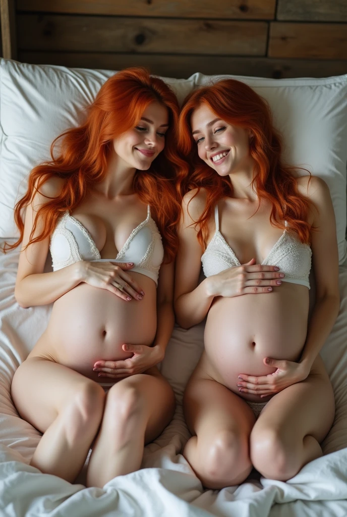 Two young redheaded women, pregnant, White skin, green eyes, by the wide, with beautiful face and smiling, Nude, with giant round tits, lying in a bed, with legs open masturbating.