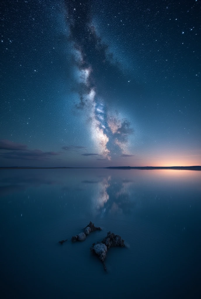 Uyuni Salt Flats at night。star々The sky is filled with light、The light is reflected on the lake surface、You'll get the illusion of being in space.。The Milky Way spreads out vividly、The light reflects on the lake surface、A fantastic view unfolds。There is not a single breeze on the lake surface.、star々It perfectly reflects the light of。In the silence、Feel the mystery of nature