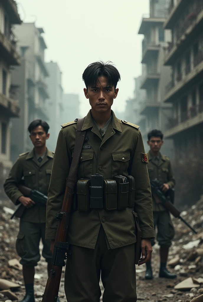 A war-torn setting during World War II, capturing a dramatic and somber atmosphere.
Japanese soldiers 