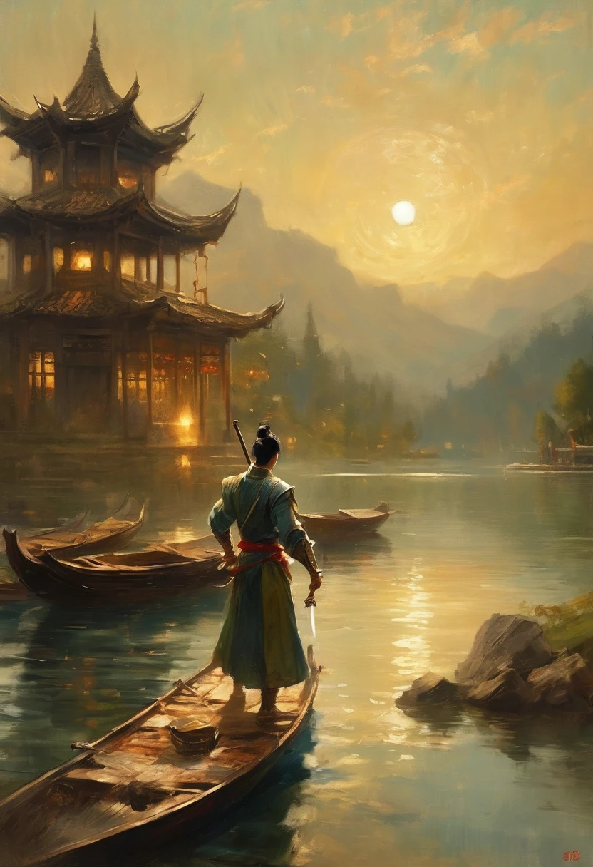 (masterpiece, best quality:1.2), The hero dances with sword:1.5,  1sword，Anatomically correct，1 glowing sword,(Movement posture),Hold the sword hilt tightly in your hand，Solitary，On the Lake, Wooden boats in the distance and pavilions in the lake，light, mysterious atmosphere,， ripple，(Splash;1.4)，A moon，Motion blur，swordsman，effort，arms up，xianxia，