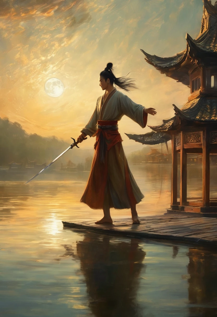 (masterpiece, best quality:1.2), The hero dances with sword:1.5,  1sword，Anatomically correct，1 glowing sword,(Movement posture),Hold the sword hilt tightly in your hand，Solitary，On the Lake, Wooden boats in the distance and pavilions in the lake，light, mysterious atmosphere,， ripple，(Splash;1.4)，A moon，Motion blur，swordsman，effort，arms up，xianxia，