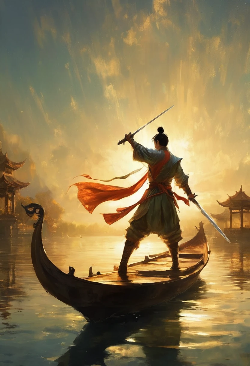 (masterpiece, best quality:1.2), The hero dances with sword:1.5,  1sword，Anatomically correct，1 glowing sword,(Movement posture),Hold the sword hilt tightly in your hand，Solitary，On the Lake, Wooden boats in the distance and pavilions in the lake，light, mysterious atmosphere,， ripple，(Splash;1.4)，A moon，Motion blur，swordsman，effort，arms up，xianxia，