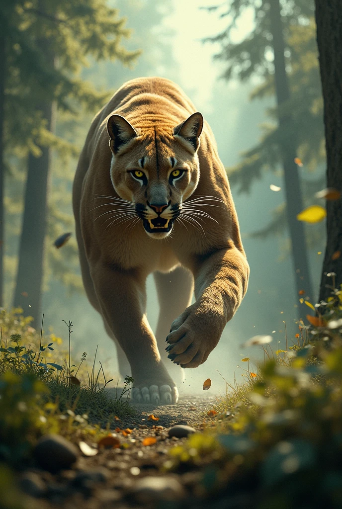 "A fierce puma engaged in a series of intense battles with various animals in a dense forest. The sequence starts with the puma attacking a small fox, then transitions to a wild boar, a large wolf, and finally an enormous grizzly bear. Each scene is set in a lush, green forest with sunlight filtering through the trees, creating a dynamic and natural atmosphere. The puma is shown in different poses of attack and defense, with realistic fur and muscles, as well as detailed textures and vibrant colors. The environment is filled with flying leaves, dust, and motion blur to emphasize the speed and power of the encounters."