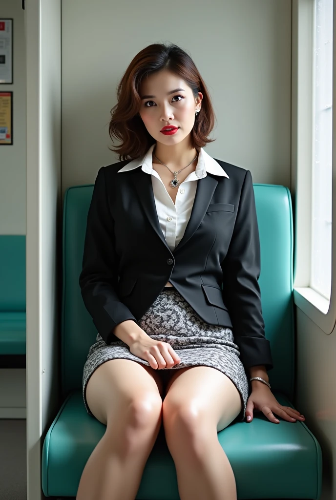(sit in a train seat:1.5), (Photo taken from the opposite chair:1.5), (Sit with your knees facing forward:1.5), (Surprised expression:1.6), (Beautiful Japanese Woman:1.5), (Sit with your knees together:1.5), (Wavy brown hair:1.3), (green seat), (Voluptuous body:1.5), (One plump woman), (White blouse:1.4), (Black Pencil Skirt:1.4), (High heels:1.7), (White lace panties:1.7), (View Photographer), ((Perfect hands and fingers)), (Looking into the camera:1.6), (A seductive gaze:1.5), Big eyes, elegant temperament, Highest quality, Down to the last detail, Perfect Face, Red lipstick, Perfect body, Large Model, Mature Woman, expensive, Leg length, Long eyelashes, Dark eye shadow, Her face is heavily made up, cosmetics, (lipstick: 1.1), (eyeliner: 1.2), mascara, eye shadow, necklace,