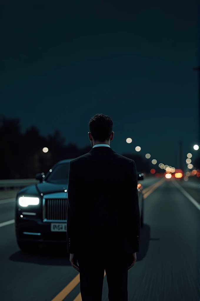 A man standing near rolls Royce car in night at highway and no one is there