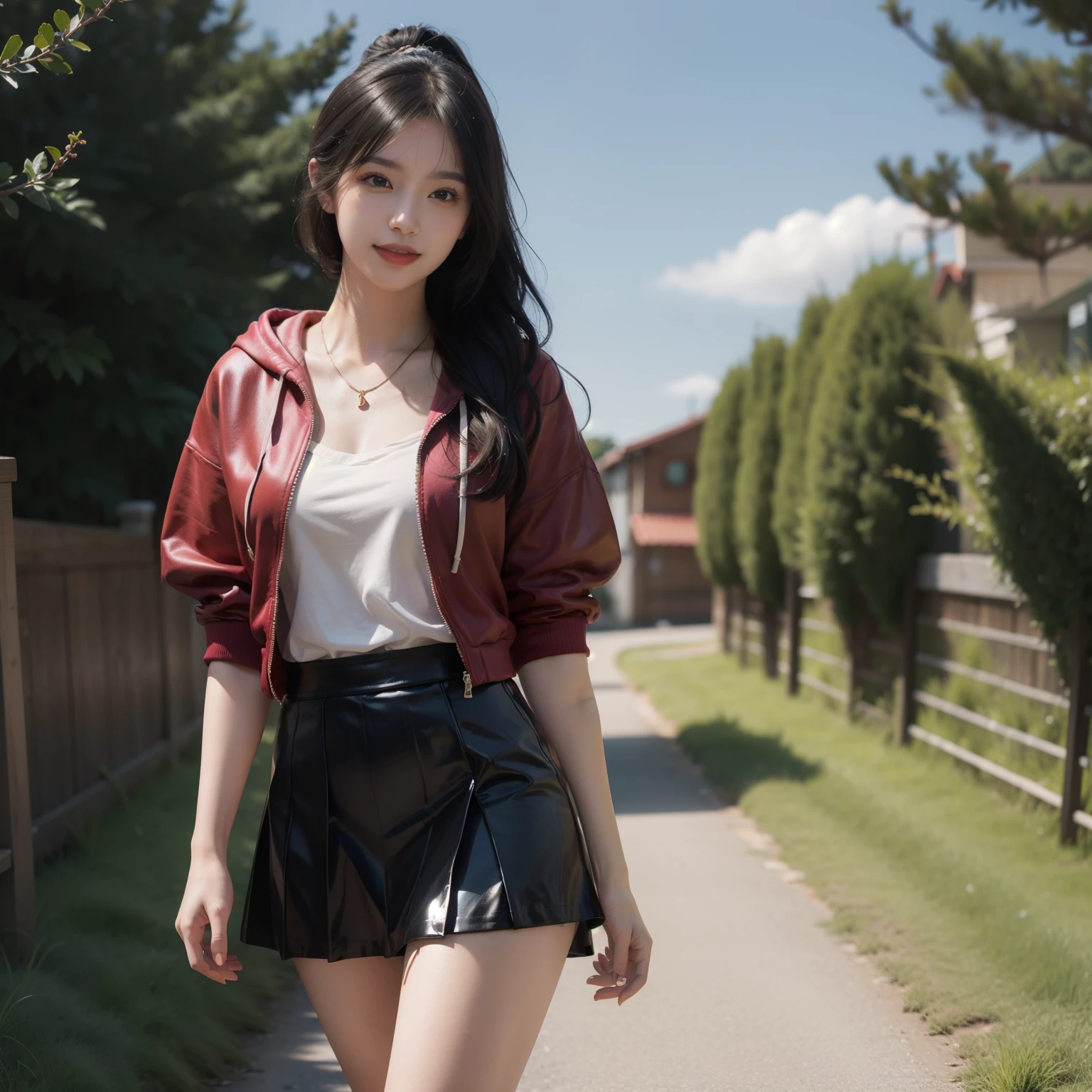 A digital illustration in anime style of a girl standing in a grassy field. She has long black hair styled in a ponytail and blue eyes. She is wearing a satin shiny red hoodie, a black leather pleated short skirt, black high heels, and a delicate necklace. The girl should be standing straight and looking directly at the camera with smile, with her full body visible, including her high heels. The illustration should be ultra-realistic and high resolution (8K), with a clear and sharp depiction. The image should capture the girl's dynamic pose and stylish outfit, with an exquisite and beautifully detailed presentation.