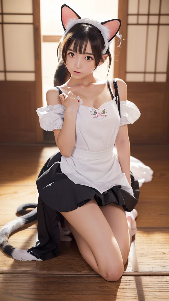 Perfect body,(1人のPerfect body),(Japanese 6th grade girl),(Cat-eared maid:1.5),(Open-legged position),(I can see your shoulders:1.5),(Open leg posture:1.5),(8k images),(Panties:1.5),(Cat ears fashion),(high resolution)