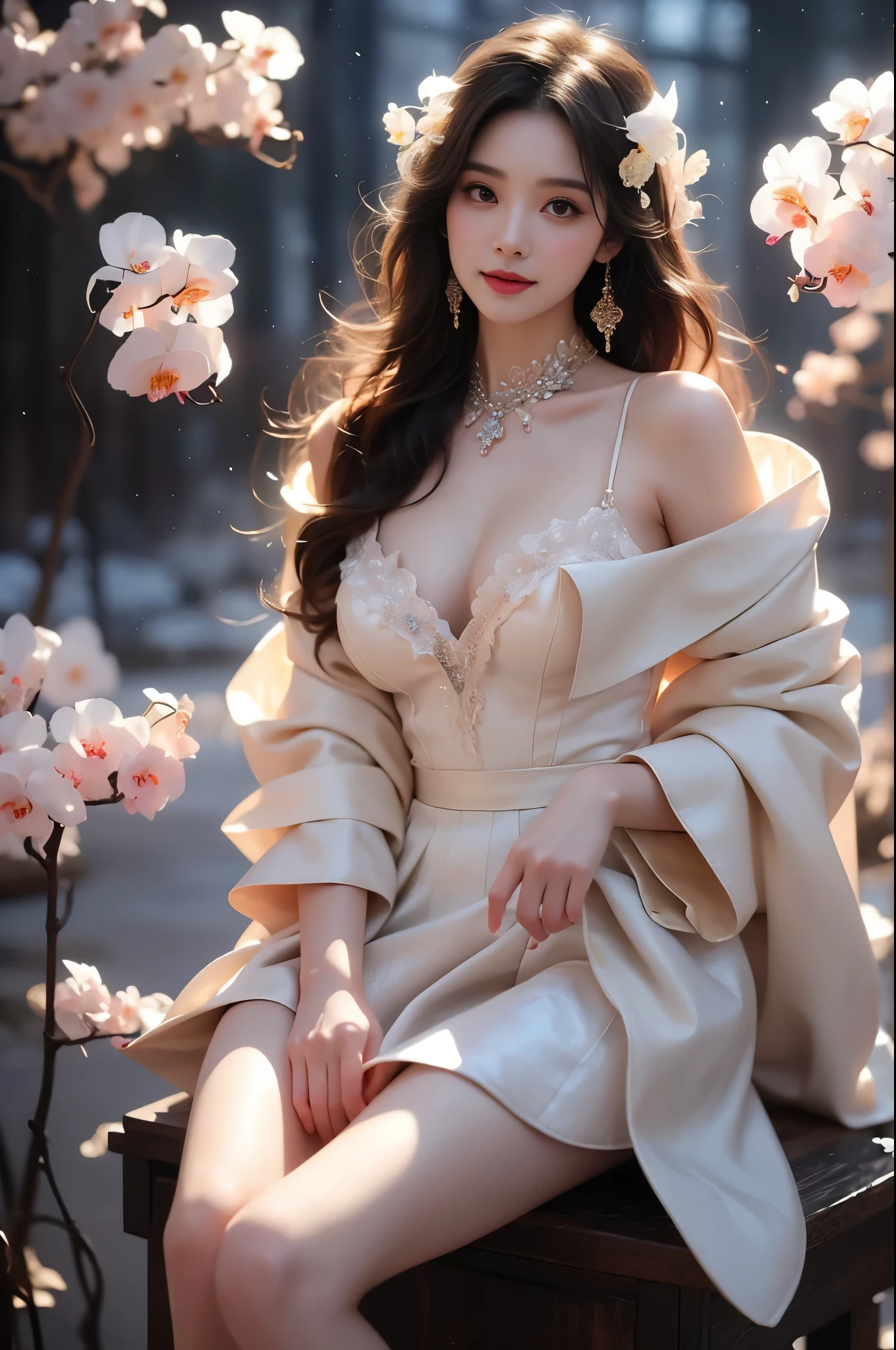 idol dress(quality improvement:1.4),1girl, Full breasts,Visible cleavage,Sexy long legs,The skirt is short,She gently lifted her skirt with one hand,Surrounded by white Phalaenopsis orchids,Lilac dendrobium、White Lily, Flying petals,(Top quality leather), Delicate face,Black Hair, Gradient hair, Body,(Body1.1), He has a precious gem on his forehead., Shining Student,Long eyelashes,Smile, Surrealism, Movie Lighting, Projection Insertion, Surrealism, Ultra HD, masterpiece,lie,Keep dreaming,Open your legs slightly.,Tattoo,Fantasy Space,Luxurious space,Exquisite makeup,Blush,Shy expression