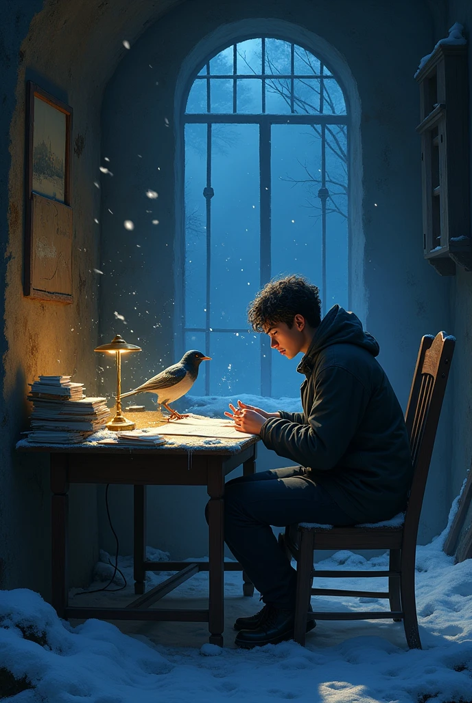 ### 4. **The Second Act of Charity**
- **Description**: In a dark and cold attic, A young playwright sits at his desk. the walls, cracked and discolored, They can't hold back the cold wind that blows in from all sides.. The playwright, Defeated by poverty and loneliness, contemplates his unfinished work, without strength to continue. His hands tremble with cold and despair, but his mind, exhausted, finds no comfort. Meanwhile, the sparrow, obeying the Happy Prince, He carefully plucks out one of his sapphire eyes and brings it to the playwright.. Falling gently onto the desk, Sapphire emits a brilliant flash that lights up the room. The young man, surprised, takes the gem in his hands and, feeling its weight and shine, regain hope. With new determination, He is preparing to finish his work, knowing that someone, Somewhere, has believed in him.