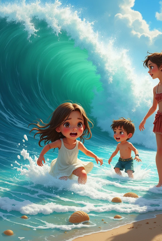 As the party continued, Lily, curious and adventurous, wandered closer to the water's edge. The waves, gentle at first, began to grow stronger. Suddenly, a large wave crashed onto the shore, sweeping Lily into the sea. She cried out in fear, her tiny voice barely audible over the roar of the ocean.
Leo, who had been playing with a seashell, looked up and saw his sister struggling in the water. Panic filled his heart as he realized what was happening. He started crying, his trembling with fear.
