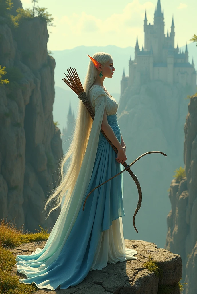 A full-body portrait of a very beautiful adult female elf wearing a blue and white outfit carrying a bow. The background is that she is standing at the end of a cliff and across it are the ruins of a magnificent castle. This scene is highly detailed and professional 3D digital art. 64k resolusi