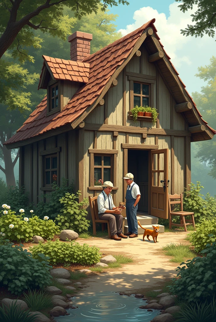 A small house with two men and a cat, Chiaramas. Next to the house is a vegetable plot and a stream.
