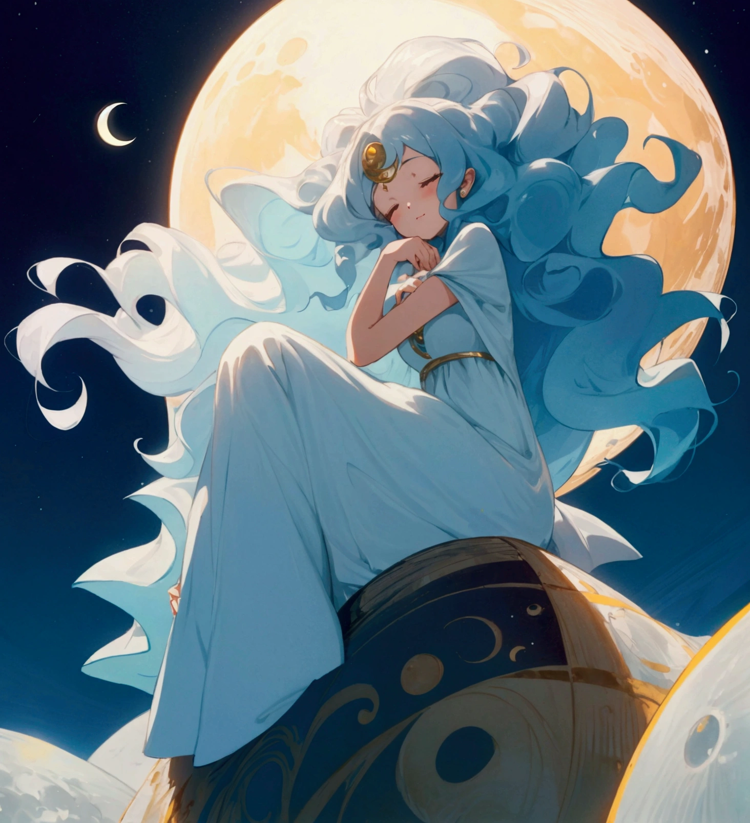 Fairy Girl with wavy hair with closed eyes. She is on the moon, sitting on the moon which forms a crescent moon. She has her eyes closed. Her dress is very long and light blue., very light almost