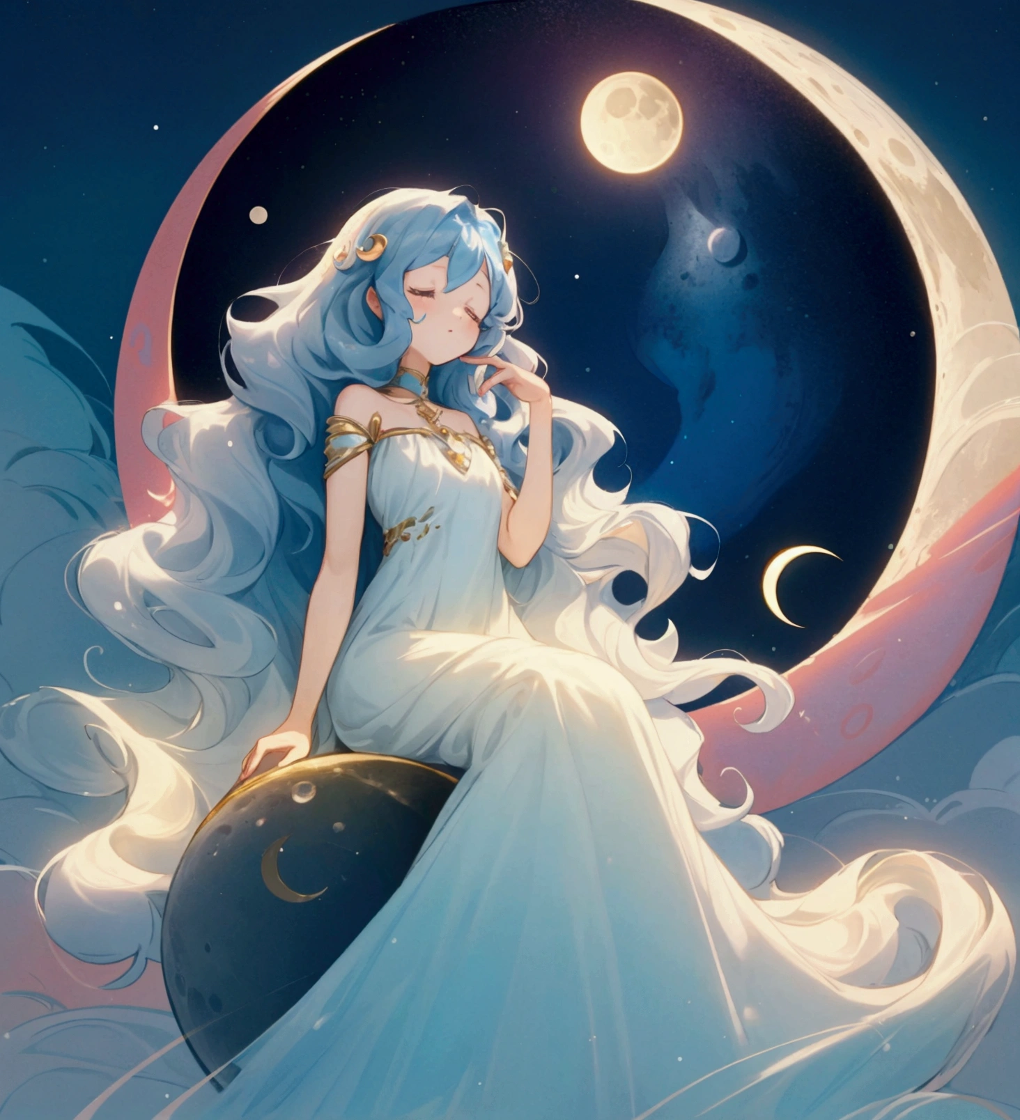 Fairy Girl with wavy hair with closed eyes. She is on the moon, sitting on the moon which forms a crescent moon. She has her eyes closed. Her dress is very long and light blue., very light almost