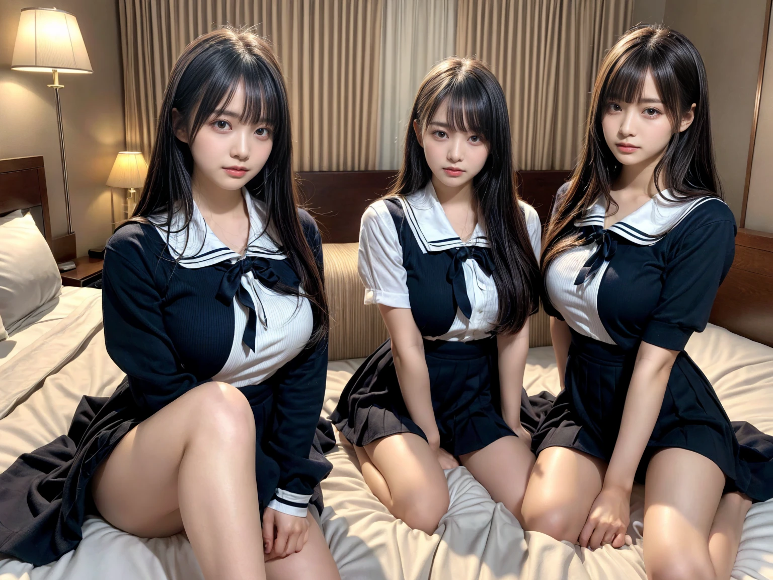 masterpiece, best quality, illustration, Super detailed, fine details, High resolution, 8K,wall paper, perfect dynamic composition,(Details High quality, realistic depiction of eyes:1.3), (3 girls), Black Sailor Uniform, serafuku, Navy pleated skirt, sitting, open legs, short bob hair, in a hotel room in the background, deep on field, large breasts, black hair color, Big Natural Color Lip, (perfect body shape), crying a little、Harajuku style、20 year old girl、cute type、beautiful legs, Gravure Idol