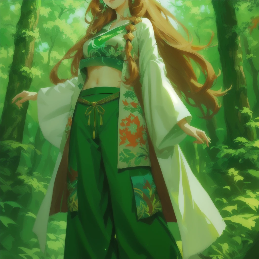 a woman in a white top and green pants stands in the woods, flowing hair and long robes, beautiful character painting, artgerm and atey ghailan, dressed with long fluent clothes, flowing magical robe, made with anime painter studio, demon slayer rui fanart, style artgerm, artwork in the style of guweiz, detailed anime character art