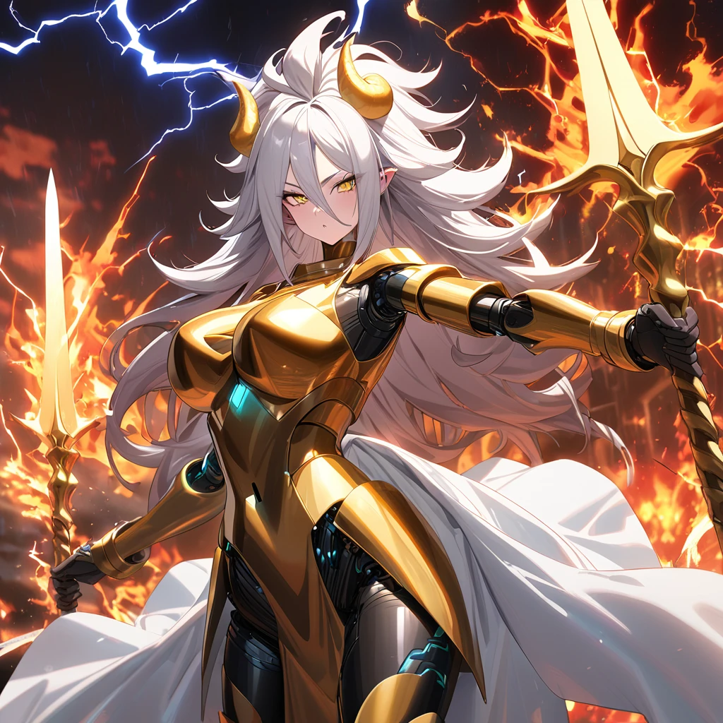 ((((Golden Spear)))), ((Lightning Power)), ((Electricity)), ((Fire Background)), ((Lightning Storm)), ((Power Erupting)), ((((android 21)))), (((white Coat))), (((Busty))), luxury bustier corset, ((silver hair)), (((Very slim waist))), propotional body, ((Gorgeous)), (((gold wings))), masterpiece, hyperdetail, ambient effect, digital effect, (((Lightning Spear))), (((Fire Gold Armor))), (((Lightning Gold Wings))), ((Fire Demon Horns))
