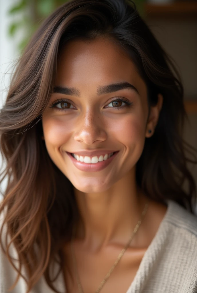 Imagine a model with medium Indian skin that glows with a natural radiance. Her hair is a rich brown, cascading in layers down to her waist or styled in a trendy wolf cut. The layered look offers volume and movement, while the wolf cut adds an edgy, modern touch. Her high cheekbones and well-defined eyebrows frame her eyes, which are highlighted with subtle, warm-toned makeup. Her full lips are complemented by a natural, confident smile. The combination of her glowing complexion, stylish hair, and engaging expression creates an attractive and captivating presence, perfect for an Instagram influencer. Age 21 and women