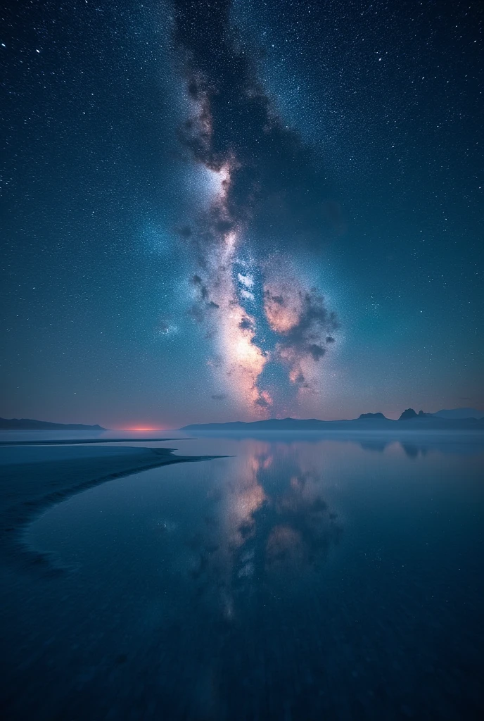 Uyuni Salt Flats at night。star々The sky is filled with light、The light is reflected on the lake surface、You'll get the illusion of being in space.。The Milky Way spreads out vividly、The light reflects on the lake surface、A fantastic view unfolds。There is not a single breeze on the lake surface.、star々It perfectly reflects the light of。In the silence、Feel the mystery of nature