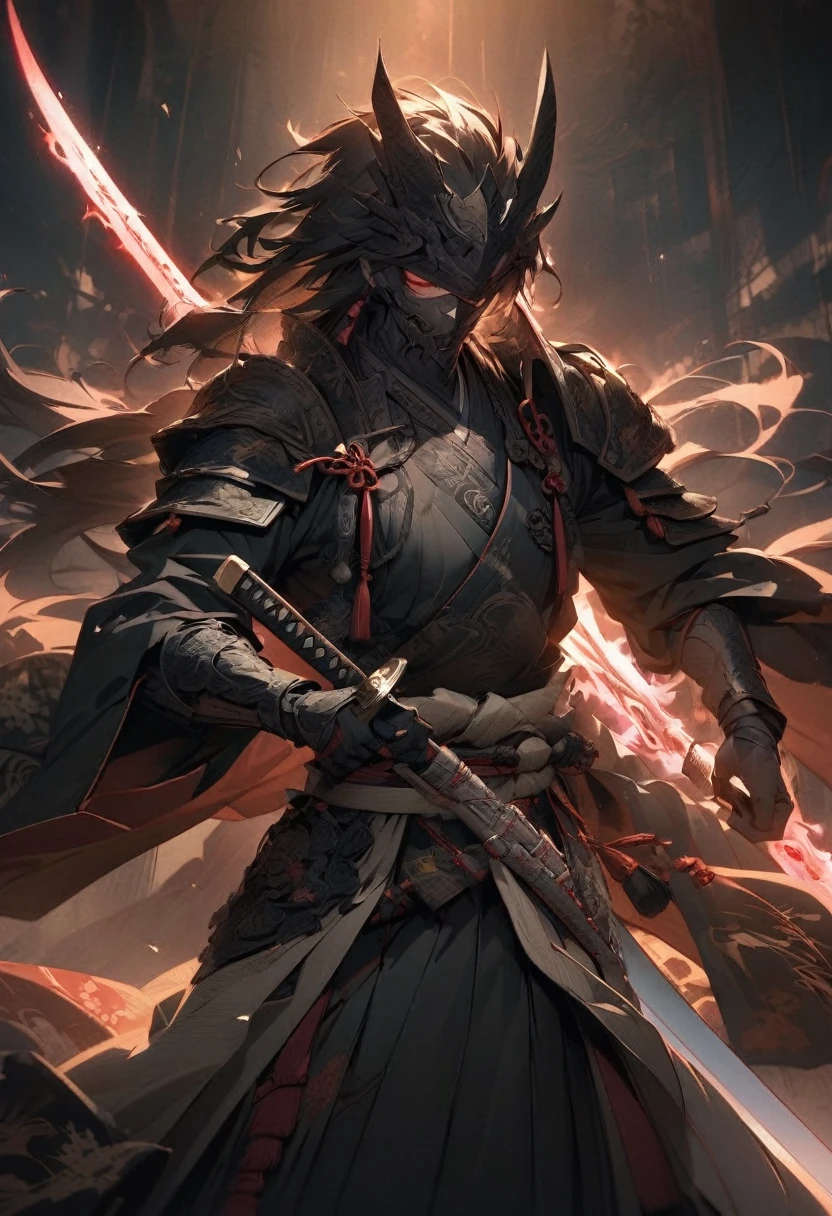 "An ancient, legendary samurai sword glowing with a mysterious aura, held firmly by a powerful warrior. The sword is intricately designed, with engravings that hint at hidden secrets and untold power. The warrior, partially shrouded in shadow, exudes an aura of invincibility. The background is a dimly lit, traditional Japanese setting, emphasizing the mystique surrounding the weapon."