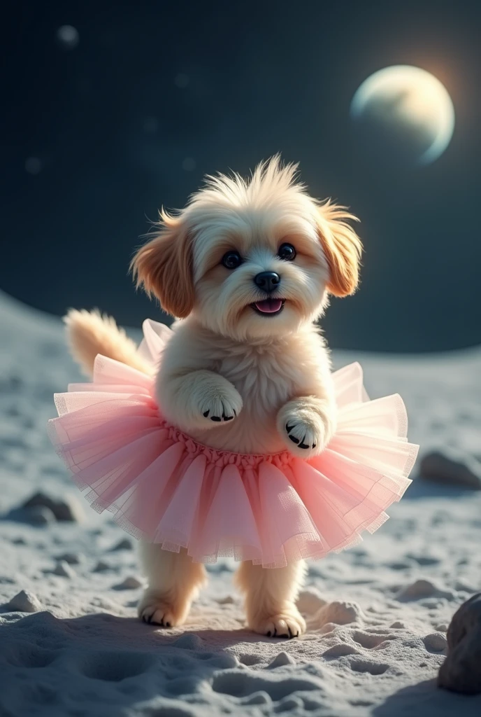 A dog dressed in a tutu on the moon