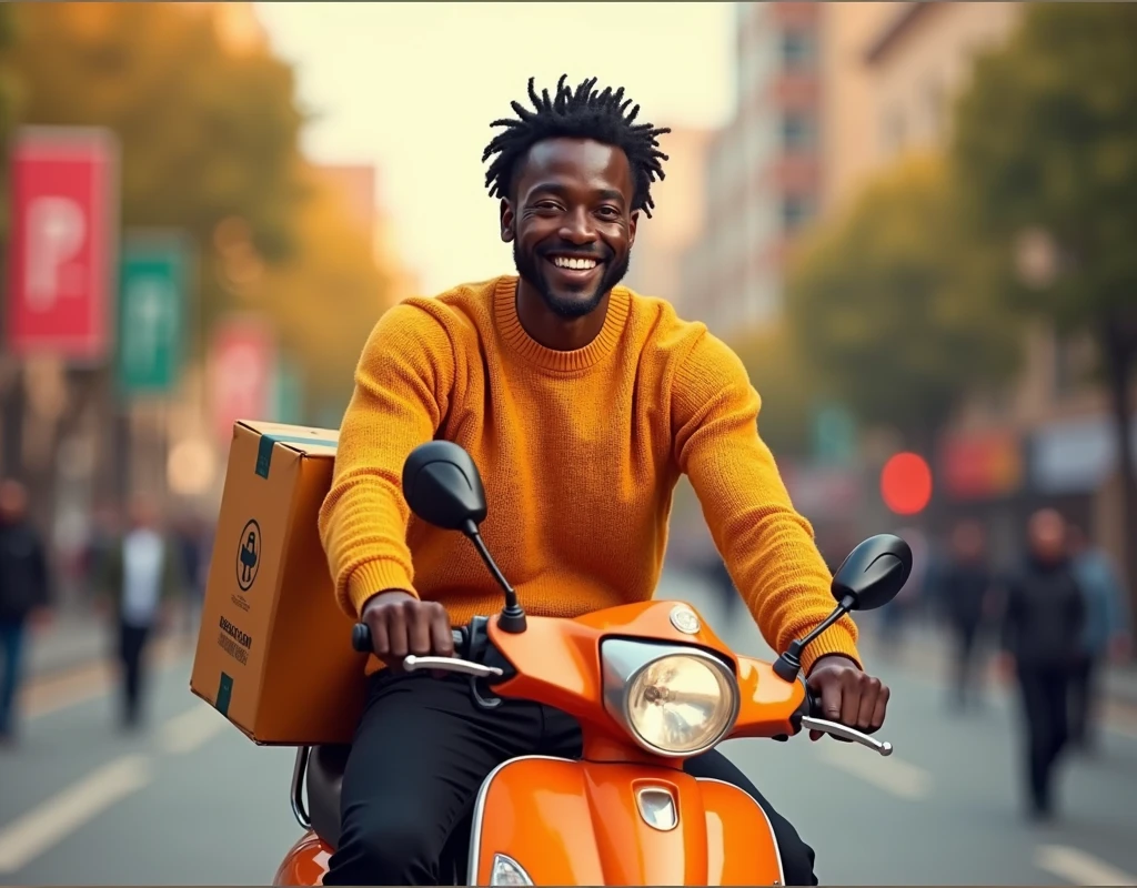 Nous somme une agence de livraison. créer une affiche réaliste pour souhaiter un bon mois de Septembre à nos abonnés sur les réseaux sociaux. on doit voir sur l'affiche, un livreur africain habillé en tricot jaune orangé et pantalon noir sur une moto de livraison