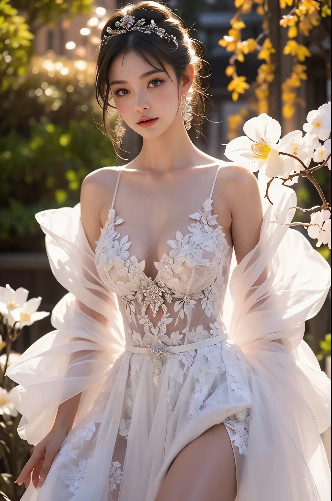 wedding dress(quality improvement:1.4),1girl, Full breasts,Visible cleavage,Sexy long legs,The skirt is short,She gently lifted her skirt with one hand,Surrounded by white Phalaenopsis orchids,Lilac dendrobium、White Lily, Flying petals,(Top quality leather), Delicate face,Black Hair, Gradient hair, Body,(Body1.1), He has a precious gem on his forehead., Shining Student,Long eyelashes,Smile, Surrealism, Movie Lighting, Projection Insertion, Surrealism, Ultra HD, masterpiece,lie,Keep dreaming,Open your legs slightly.,Tattoo,Fantasy Space,Luxurious space,Exquisite makeup,Blush,Shy expression
