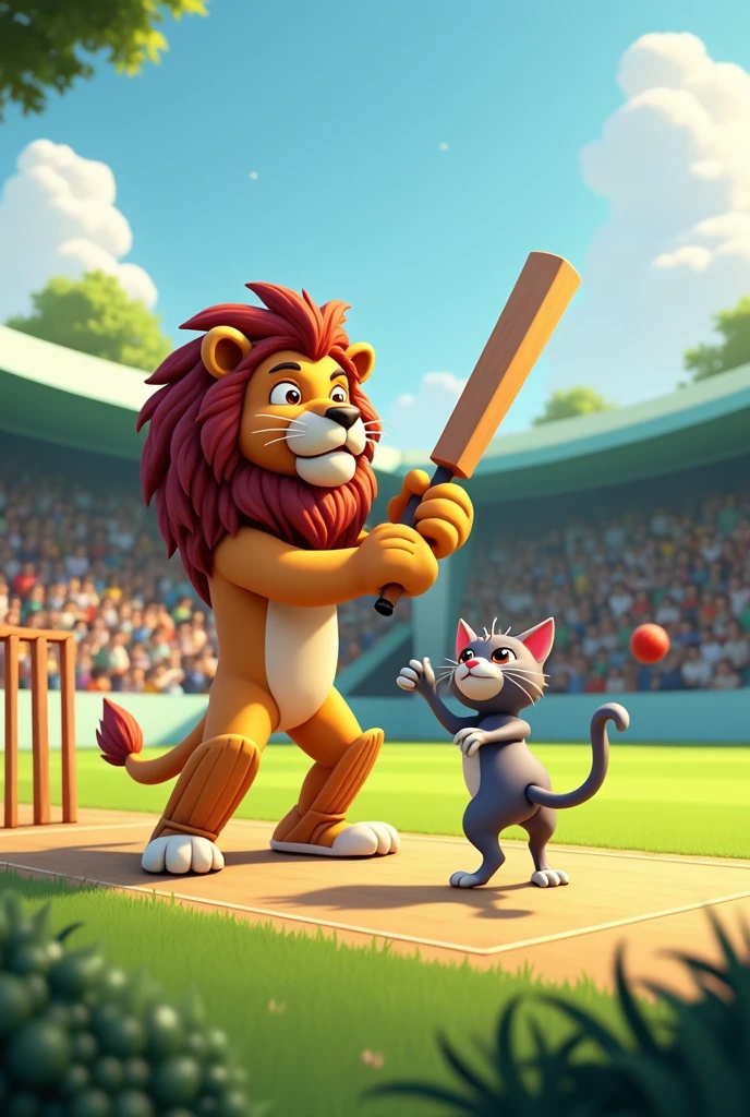 The lion in cricket match with bat and bowling cat