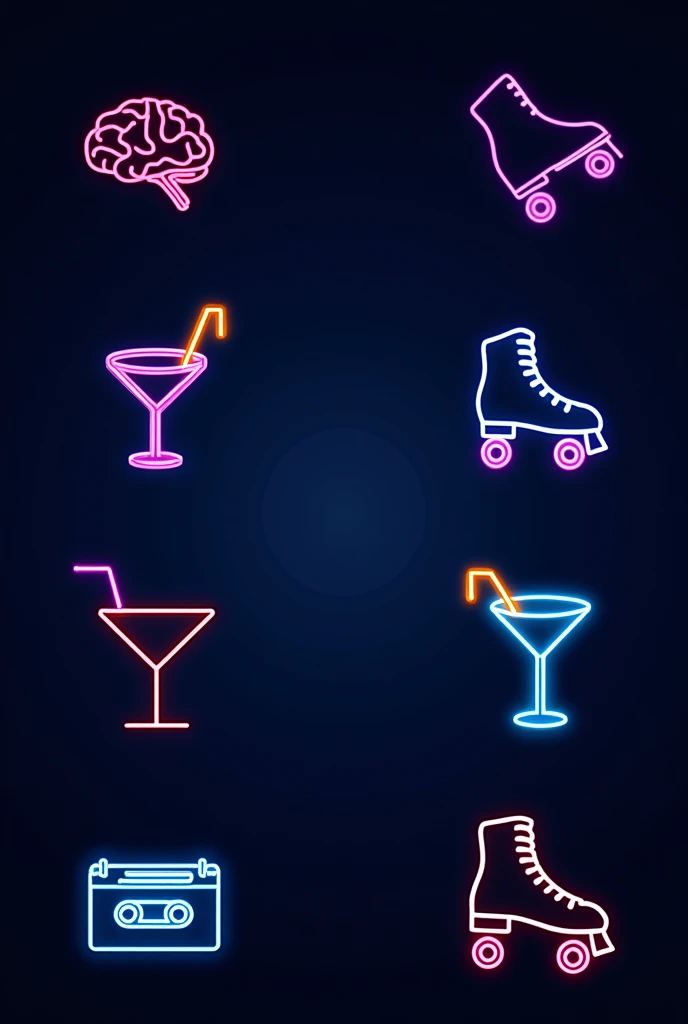 Create a dark navy-blue background featuring neon colors—yellow, blue, and pink. Include minimalist neon-style icons such as brains, cassette tapes, roller skates, and cocktail glasses. Ensure all icons are simple and glowing, giving off a retro, 80s-90s vibe. The overall design should be clean and minimalistic, with the icons scattered across the background, creating a vibrant, party-ready atmosphere