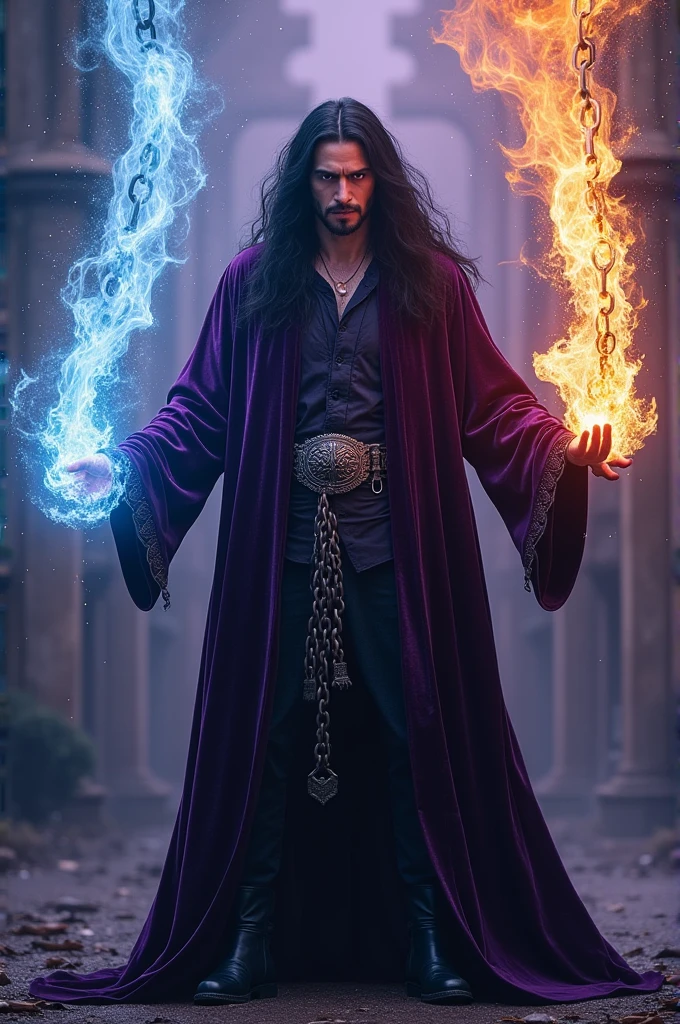 photo of a sorcerer casting magic, the left hand grasp a massive chain with ice effect, right hand grasp a massive chain with fire effect, he wearing a dark violet tunic made from velvet, he has man long dinamic black hair and purple eyes, the chain is floating in the air, cinematic lighting, vidid light, photo focus on the chains, accurate flowing chains