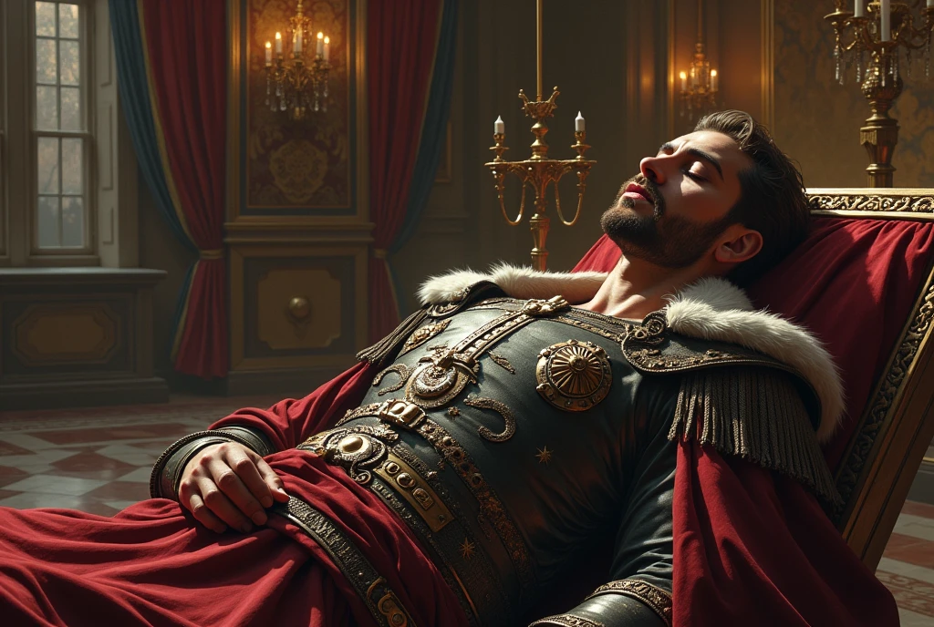There is a king who is handsome and has a big mustache on his face. The king is 30 years old. The king is wearing a war dress. But one day the king dies.