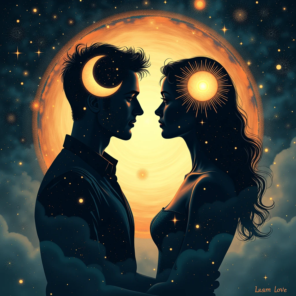 2 slender aliens in love standing on top of a aqua and purple planet size sphere as they face each other. The background is filled with moons and nebulas with colors of pink, dark blue, black and gold. 