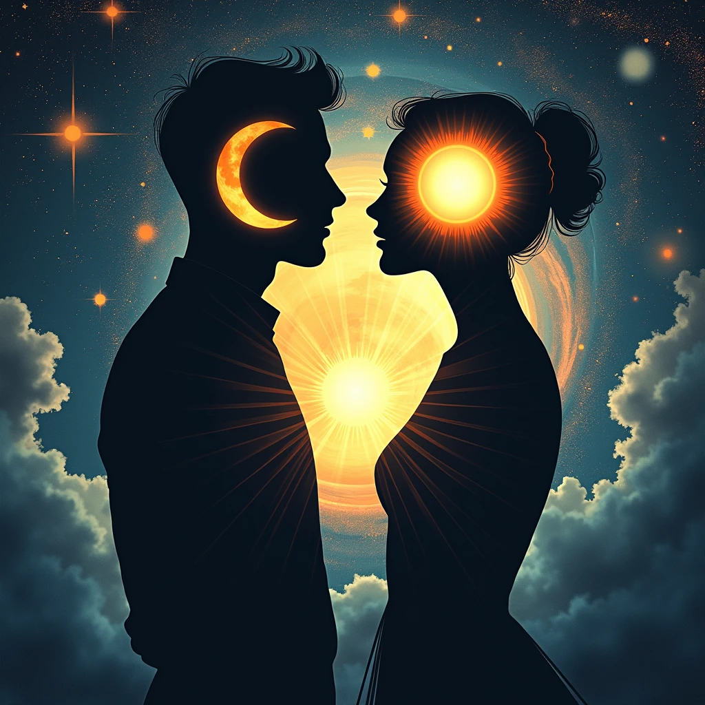 Space stars background、男性と女性の横顔のsilhouette、through、Moon and Sun、Beautiful Galaxy、High resolution, masterpiece, Highest quality, detail, 高いdetail, The sun for women、The moon for men、Shadow、silhouette, Illustration, Baroque, 男性のsilhouetteの中には青い月があります、Japanese women and Korean men、女性のsilhouetteの中にはピンクの太陽、Soft Light,Gentle colors, Twin Ray、aesthetic、like