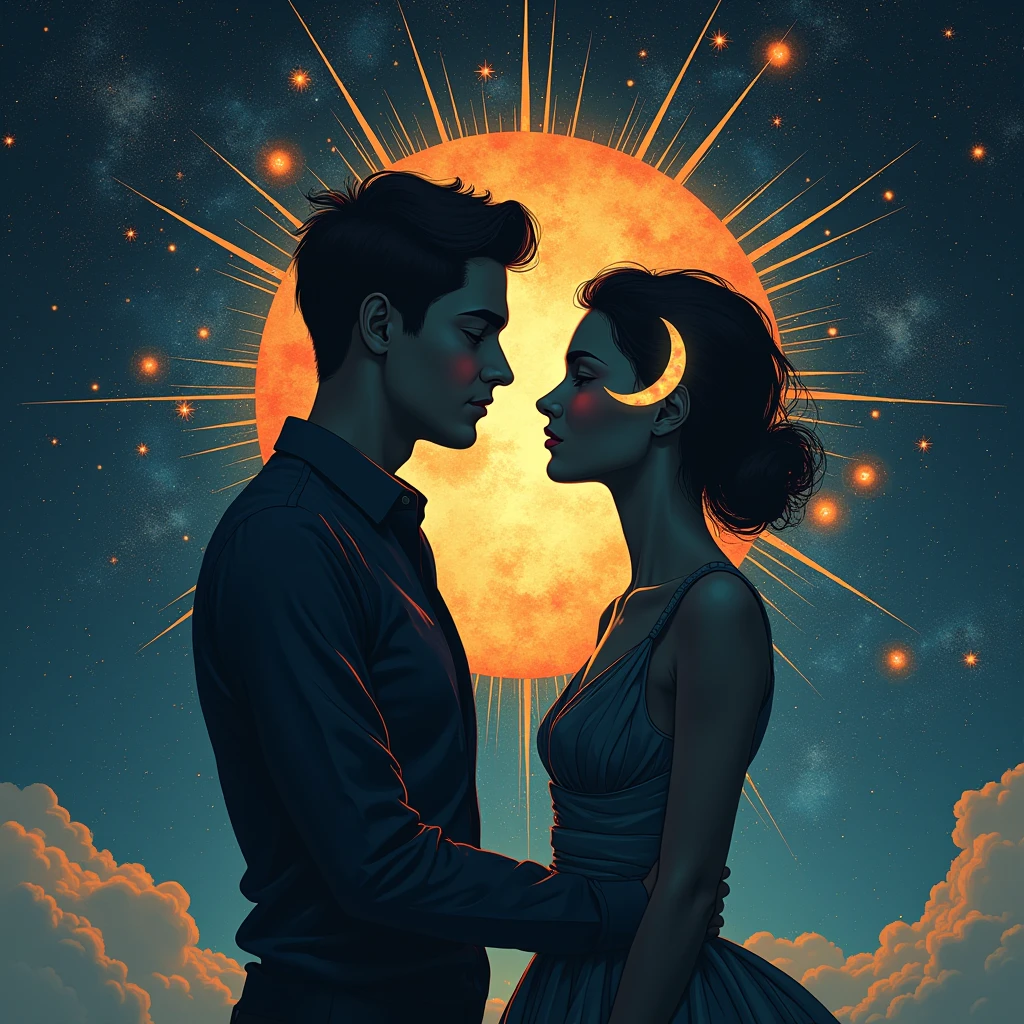 Space stars background、男性と女性の横顔のsilhouette、through、Moon and Sun、Beautiful Galaxy、High resolution, masterpiece, Highest quality, detail, 高いdetail, The sun for women、The moon for men、Shadow、silhouette, Illustration, Baroque, 男性のsilhouetteの中には青い月があります、Japanese women and Korean men、女性のsilhouetteの中にはピンクの太陽、Soft Light,Gentle colors, Twin Ray、aesthetic、like