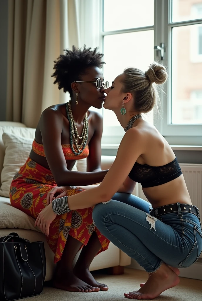 Two women. African old wrinkled milf woman sitting on a sofa with separated legs, afro hairdo, serious face, wearing traditional colourful african clothes, barefoot, hands tightly on neck of a caucasian milf woman at her feet (light grey hair, light green eyes, pale face, pale neck, pale chest, pale arms, pale hands, pale stomach, pale legs and feet) in chic rock fashion: pompadour hairstyle with top bun and shaved sides, colourful bandana as headboard, a lot of metallic necklaces and pendants, a lot of wide metallic bracelets, black lace push up bra, low rise skinny dark blue jeans with patched holes and worn knees, wide studded leather belt, squatting with arms on knees, passive facial expression with open mouth, arched back humbly, stretching her neck to kiss her girlfriend eagerly, big square sunglasses, thin neck, thin arms, thin legs, well toned abdominals. In an apartment decorated in Scandinavian style. A black leather studded tote bag on the floor. Natural light